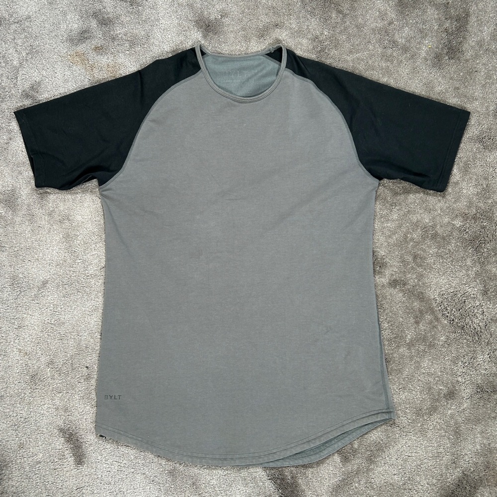 BYLT Drop-Cut T-Shirt Mens Large Grey Black Solid Raglan Short Sleeve Crew Neck